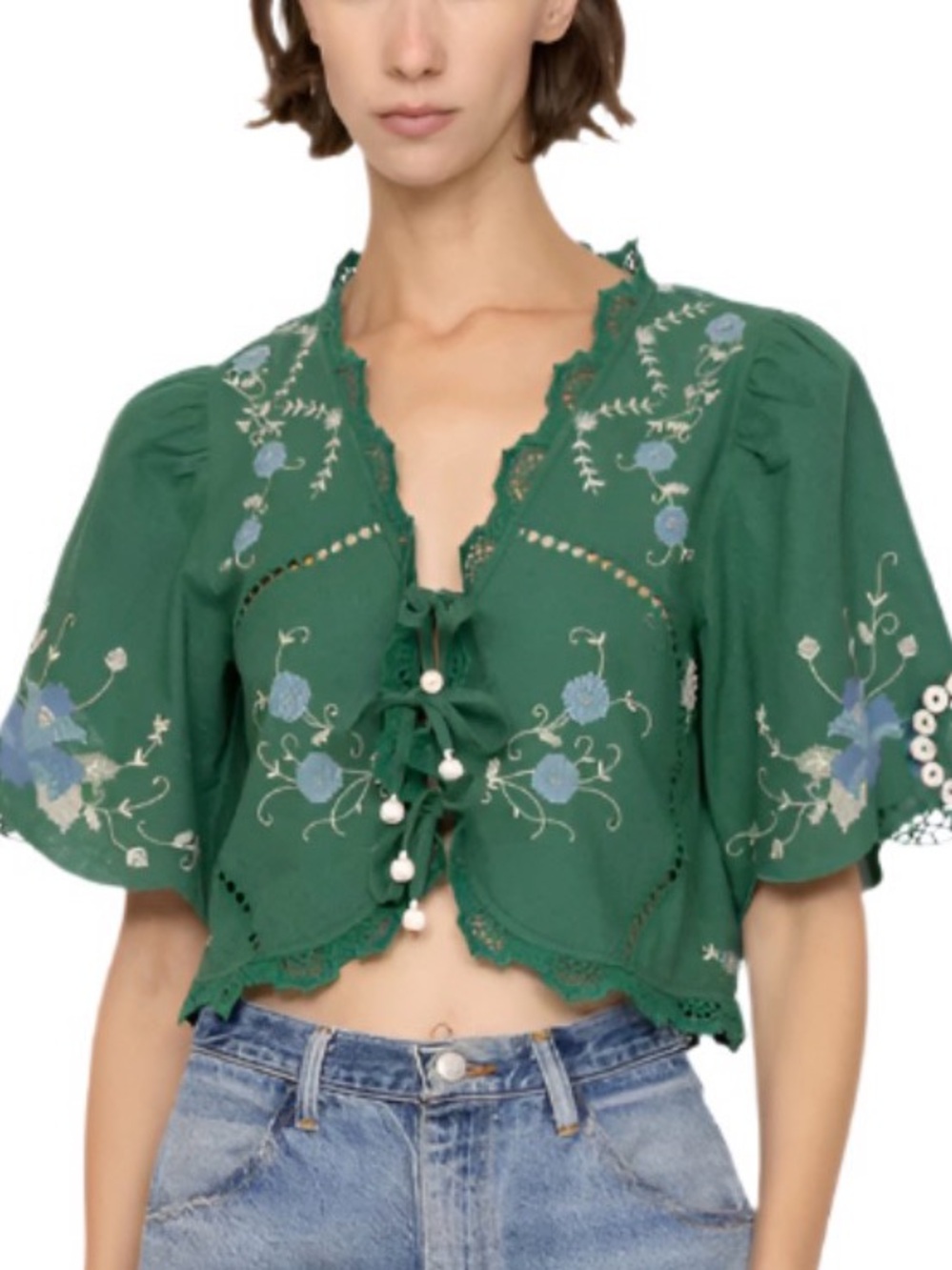 NWT Cotton/Linen Green Embroidered Tie Front Top - Picture 2 of 12
